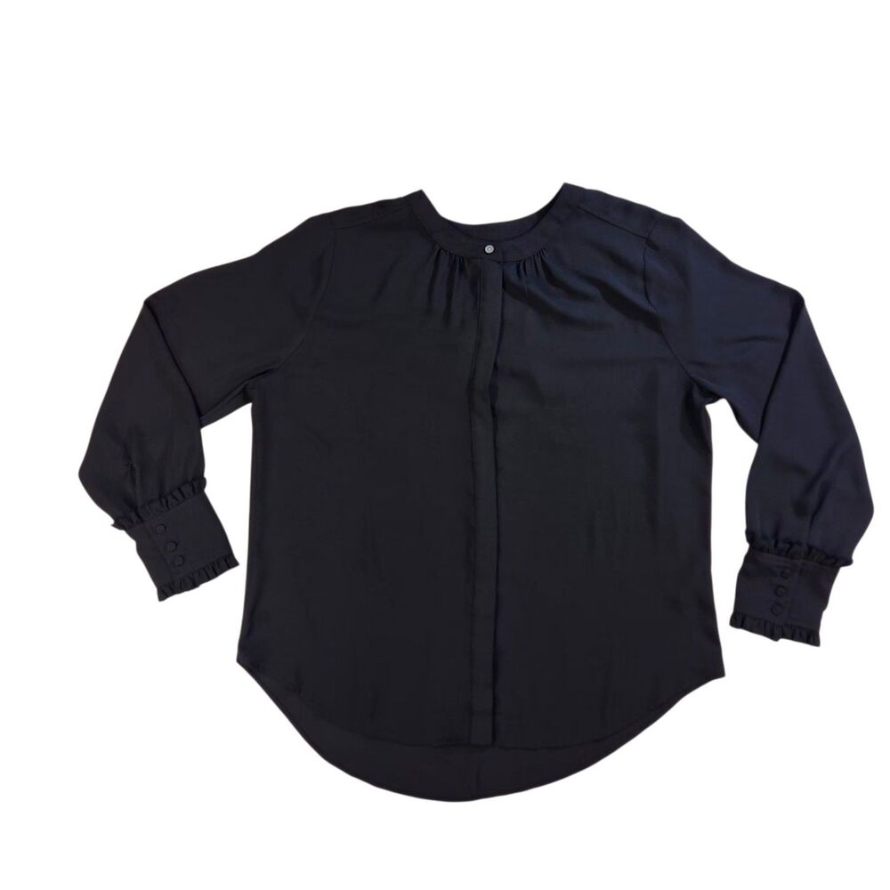 J. Crew Black Lightweight Blouse Large Ruffled Bishop Sleeve Hidden Placket EUC